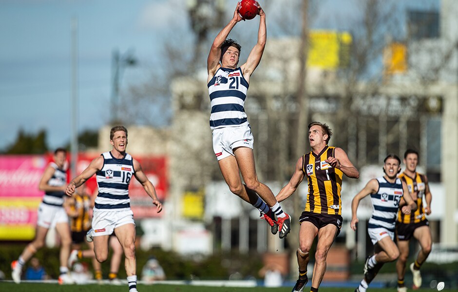 2019_07_09_VFL_HERO.png First-year Cat Jacob Kennerley flies high against the Hawks. - Geelong Cats